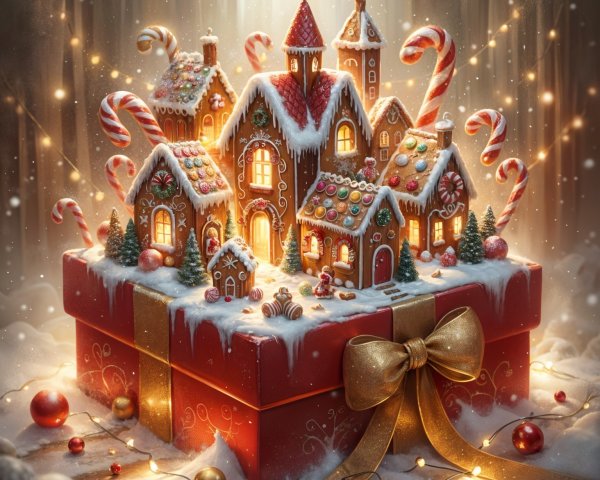 Gingerbread Village on Red Gift Box with Festive Decor