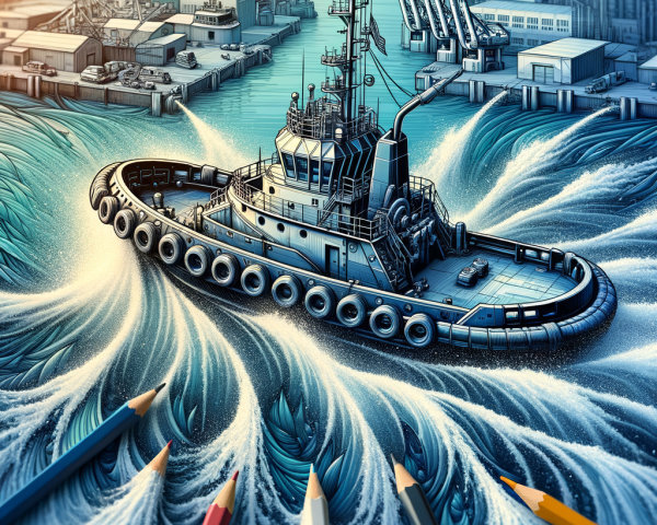 Tugboat in Turbulent Waters with Colorful Pencils