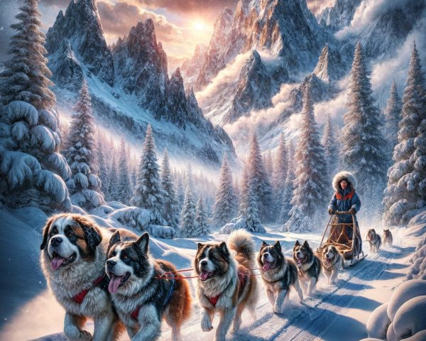 Winter Landscape with Dog Sled Team and Mountains