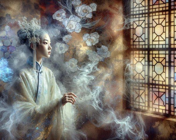 Serene Figure by Ornate Window with Ethereal Smoke