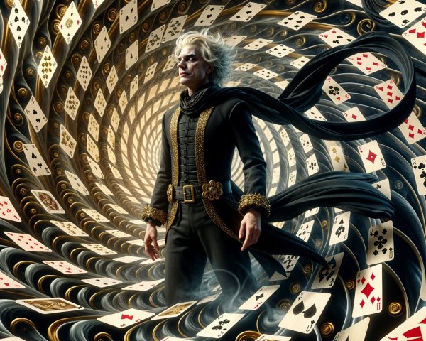 Mysterious Figure in Vortex of Playing Cards