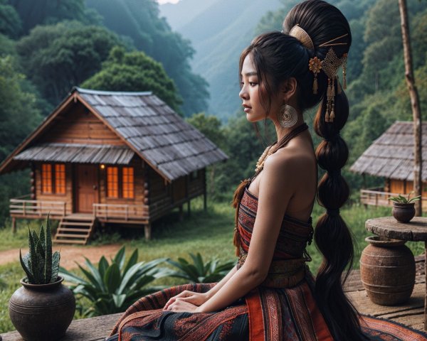 Serene Young Woman in Traditional Attire on Porch