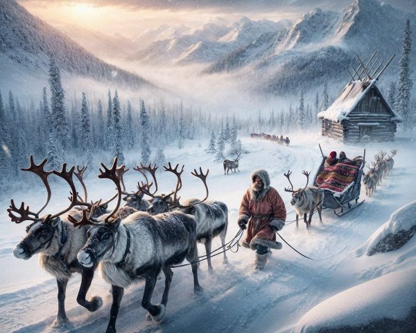 Winter Landscape with Reindeer and Rustic Cabin