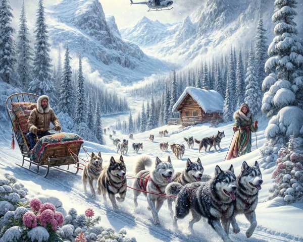 Winter Landscape with Sledding and Huskies in Snow