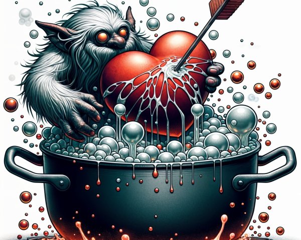 Whimsical Creature Mixing Colorful Cauldron Bubbles