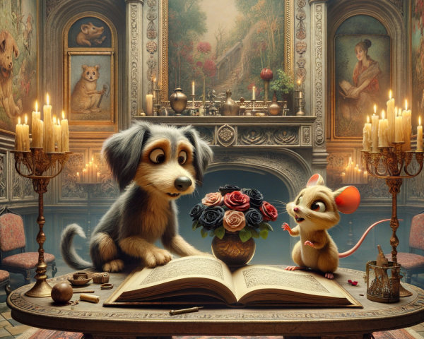 Curious Dog and Mouse Explore Grand Book in Opulent Room