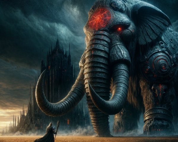 Mechanical Elephant in Surreal Landscape with Castle