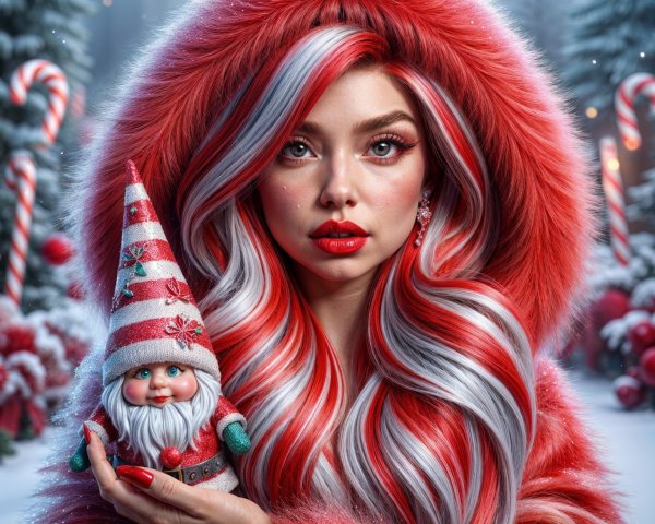 Woman in Red Coat with Gnome in Winter Landscape