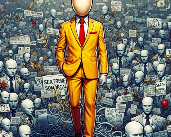 Bright Yellow Suit Amidst Mannequin-Like Crowd