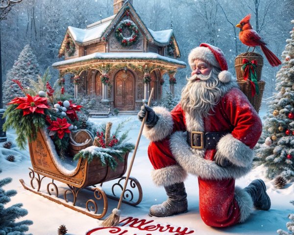 Santa Claus with Sleigh in a Winter Wonderland Scene