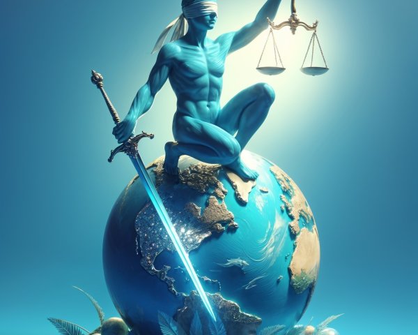 Blindfolded Warrior with Sword and Scales on Globe