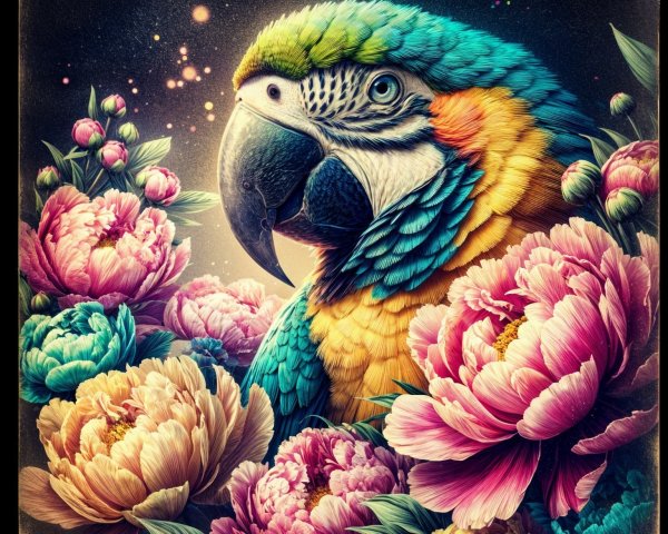 Vibrant Parrot Among Pink Peonies and Starry Background
