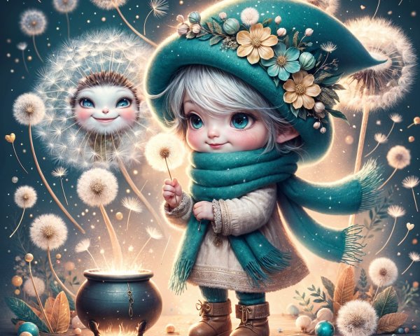 Whimsical Scene with Silver-Haired Child and Creatures