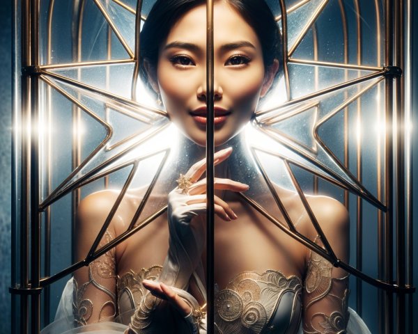 Portrait of a woman in a golden cage with elegant gown