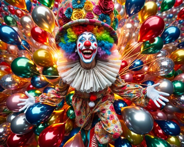 Colorful Clown Surrounded by Festive Balloons