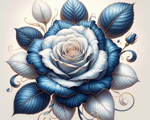 Intricate Blue and White Rose Illustration with Leaves