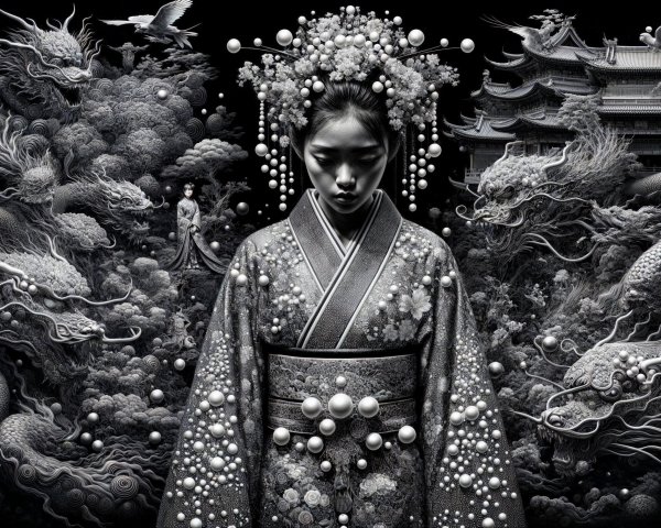 Traditional Kimono Figure Surrounded by Mythical Imagery