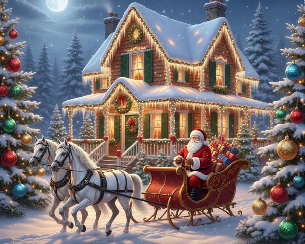 Santa Claus in a sleigh with presents on a snowy night