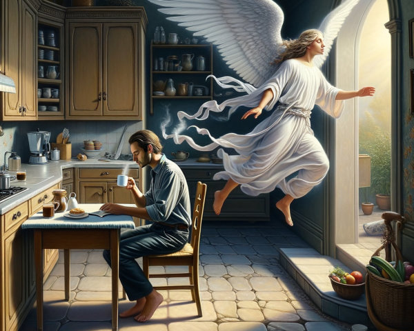 Contemplative Man in Warm Kitchen with Ethereal Angel