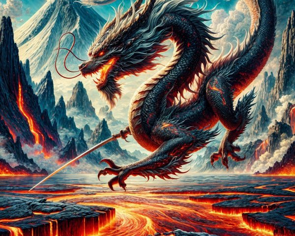 Black dragon on molten terrain with snowy mountains