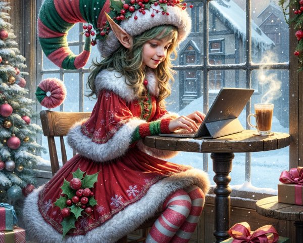 Cheerful Elf at Table with Holiday Decor and Snow