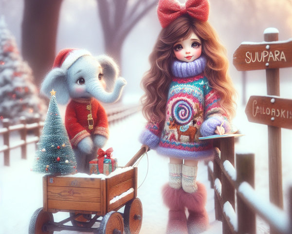 Christmas Watercolor of Girl with Sled and Elephant