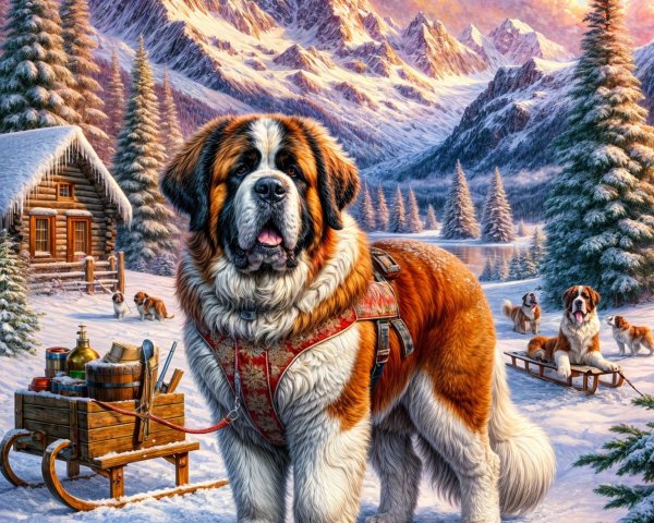 Saint Bernard in Snowy Landscape with Sled and Cabin