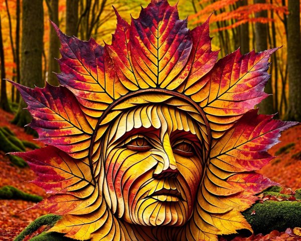 Intricately Carved Face Surrounded by Autumn Leaves