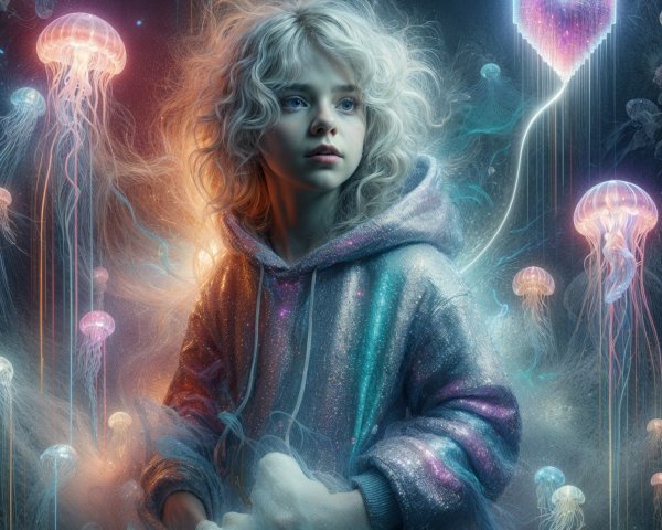 Young girl in shimmering hoodie underwater with jellyfish