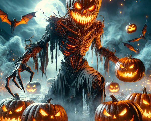 Menacing Scarecrow with Flaming Pumpkin in Foggy Landscape