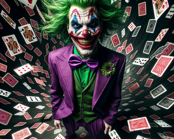 Flamboyant Clown Character in Chaotic Card Storm