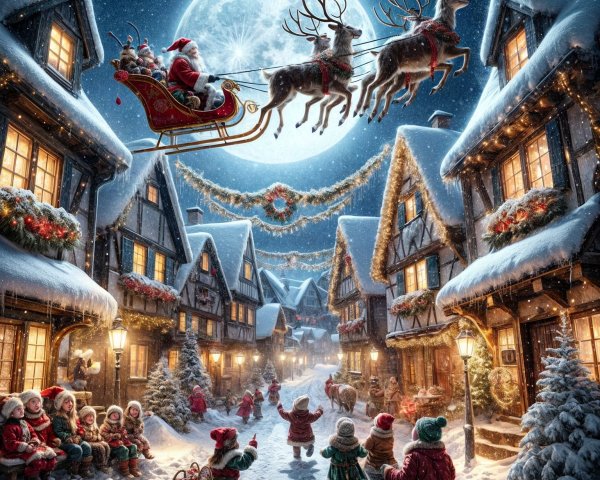 Snowy Village Night Scene with Santa and Elves