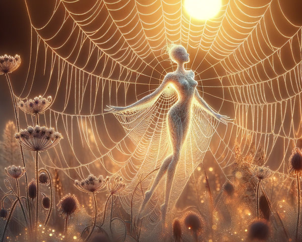 Ethereal Figure in Shimmering Spiderweb and Flowers