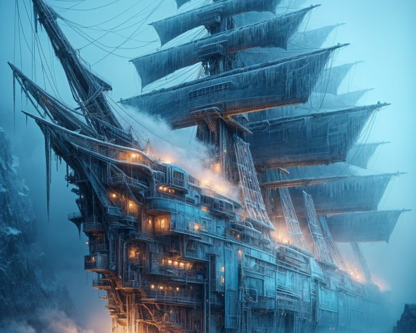 Steampunk Tall Ship in a Frozen Landscape Scene
