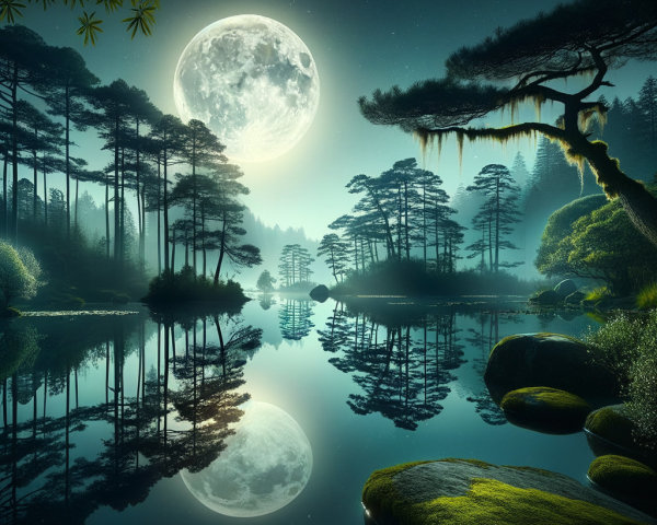 Nighttime Landscape with Full Moon and Tranquil Lake