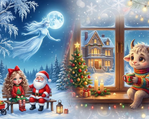 Whimsical Christmas Scenes with Ice Queen and Santa Claus