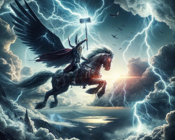 Winged Horse Rider in Stormy Sky with Lightning