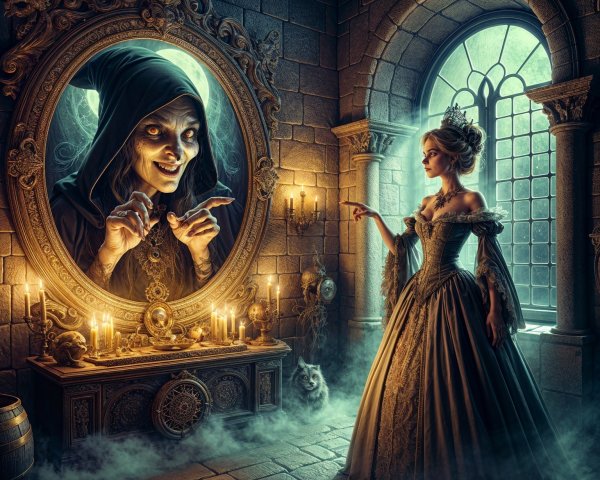 Medieval Room with Sinister Figure and Regal Woman