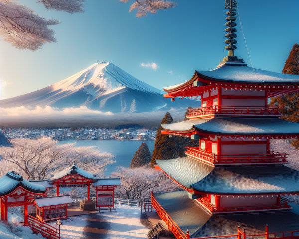 Traditional Japanese Pagoda Temple in Snowy Landscape
