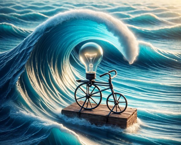 Whimsical Bicycle on Raft Amid Vibrant Waves