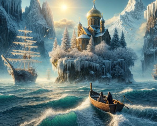 Winter Landscape with Church and Icy Mountains