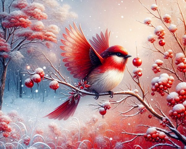 Red Bird on Snowy Branch in Winter Wonderland Scene