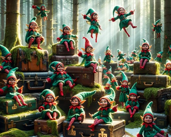 Cheerful Elves Frolicking in a Magical Forest Scene