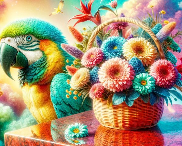 Colorful Macaw and Blooming Flowers in Cosmic Scene