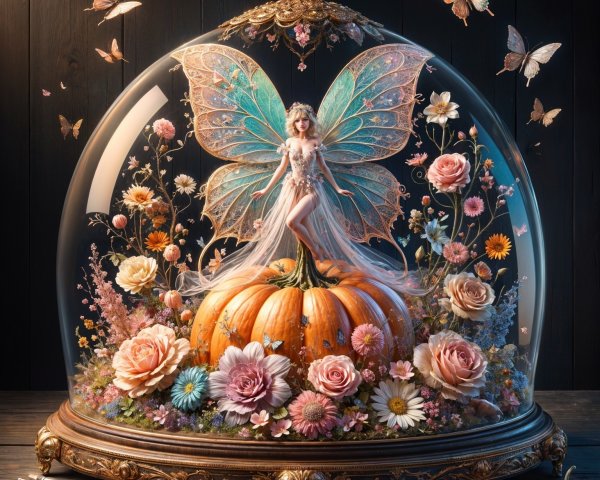 Whimsical Fairy on Pumpkin in Glass Dome Display