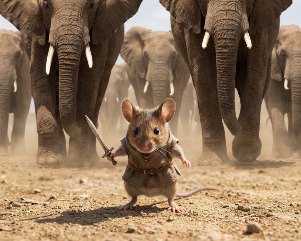 Mouse in Armor Confronts Elephants on Dusty Ground