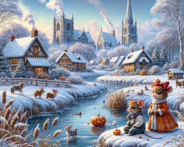 Winter Landscape with Mice and Quaint Cottages