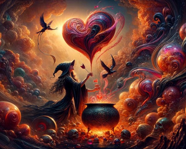 Witch with Cauldron in a Magical, Ethereal Landscape