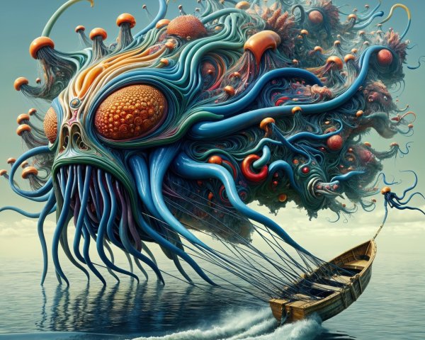 Surreal Sea Scene with Giant Creature and Boat