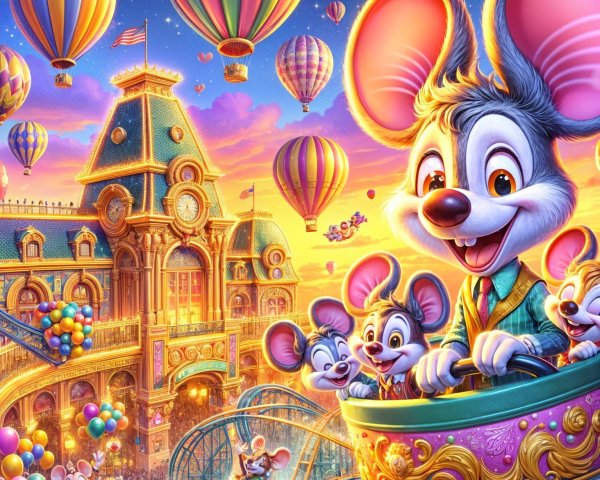 Cheerful Cartoon Mice on Colorful Roller Coaster Scene
